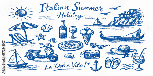 Italian Summer Holiday Doodles with La Dolce Vita and Coastal Scenes