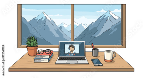 A modern wooden desk holds a laptop displaying a video conference participant in front of a large window revealing majestic snow-capped peaks in blue light.