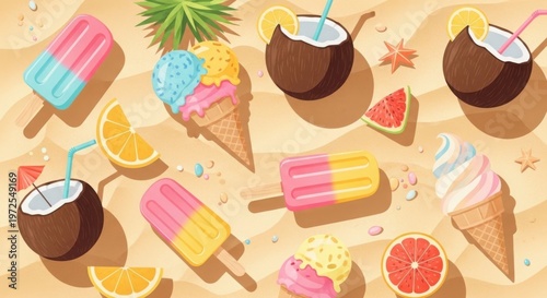 Vibrant Summer Refreshments: Ice Cream, Popsicles, Coconuts & Citrus on Sandy Beach