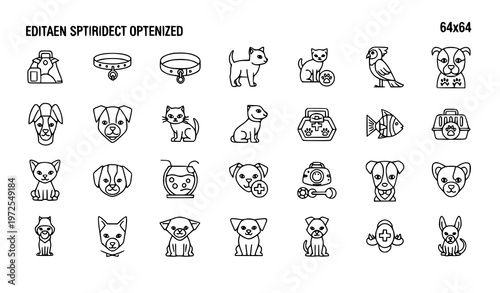 Pet outline icon set thin line editable stroke pixel perfect 64x64 modern animal vector icons