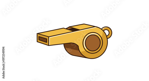 A meticulous golden sports whistle with a prominent circular side detail and a sturdy lanyard loop rests against a pristine and minimalist white backdrop.