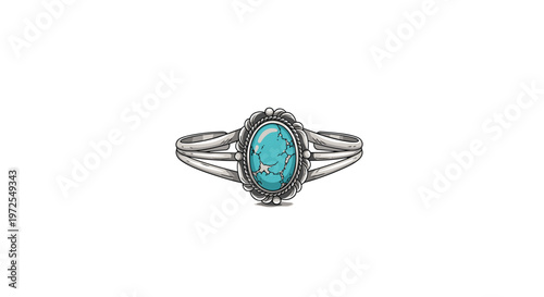 An exquisite silver cuff bracelet showcasing a vibrant oval turquoise gemstone with natural dark veins is centered within a bright and clean white space.