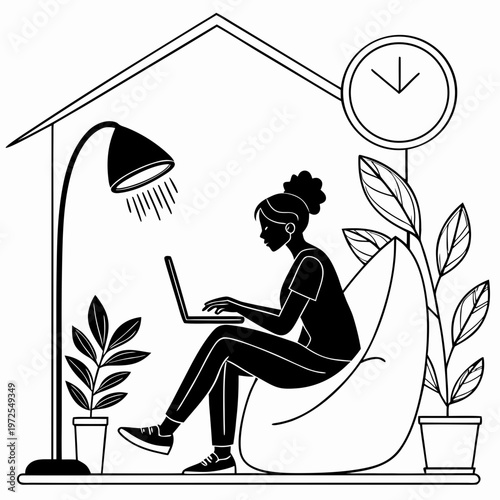 Silhouette of woman working on laptop, remote workspace setup, digital productivity, home office, freelance lifestyle, black vector illustration, ... See More
