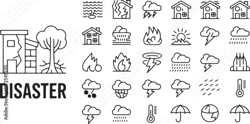 Set of disaster vector icons showing natural hazards like earthquake, flood, storm, fire, and other catastrophes.