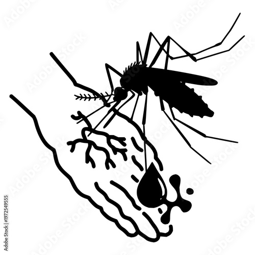 Mosquito biting hand with blood drop vector illustration insect black white background