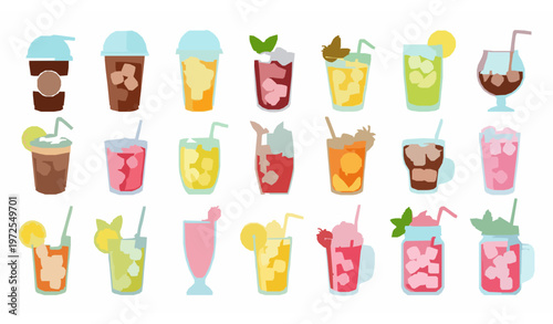 Assorted iced drinks vector set with coffee tea juice smoothie and cold beverages in cups isolated on white