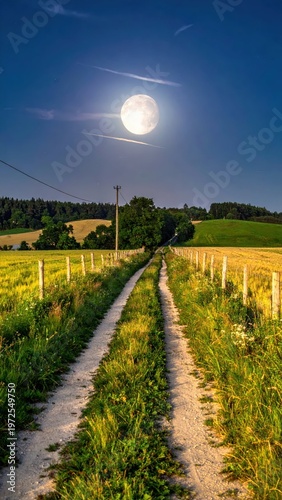 Serene Country Road Under Bright Full Moonlight at Night Sky