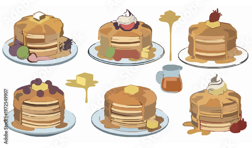 Hand drawn pancakes with syrup and butter doodle vector set with breakfast food illustration