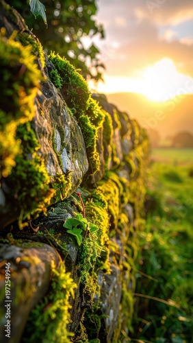 Mossy Wall Bathed in Golden Sunset Light in Natural Landscape