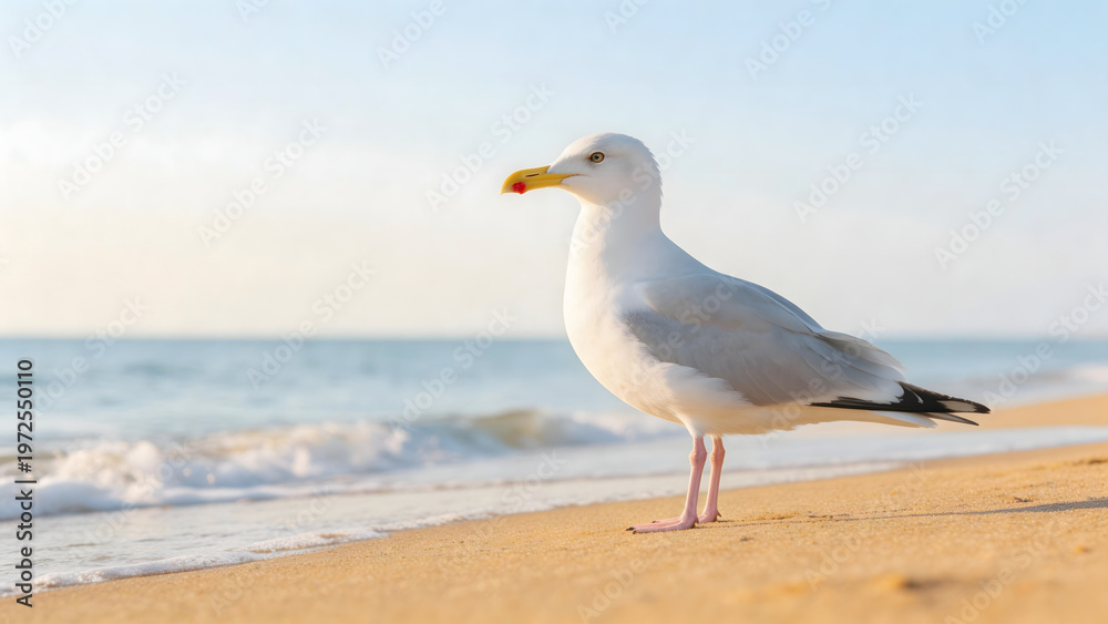 Fototapeta premium Seagull on sandy beach by ocean