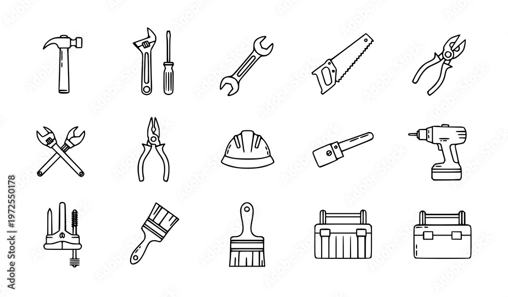 Fototapeta premium Labor Day tools vector icon set with hammer wrench screwdriver pliers and construction symbols