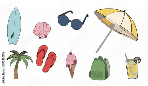 Hand-drawn summer vacation vector icon set with beach accessories and tropical holiday essentials