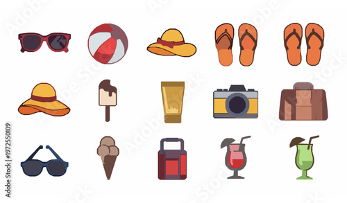 Summer vacation items vector icon set with sunglasses beach ball flip-flops and travel essentials