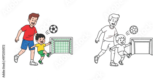 Father and Son Playing Soccer and Scoring a Goal Illustration and Coloring Page Set