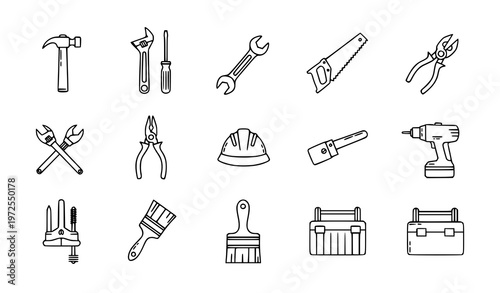 Labor Day tools vector icon set with hammer wrench screwdriver pliers and construction symbols