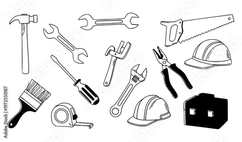 Hand-drawn Labor Day vector tool set with hammer wrench pliers saw and construction doodles