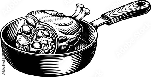 Black and white woodcut of a raw chicken leg in a frying pan meat poultry