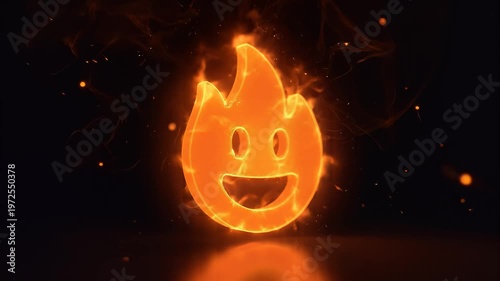 Glowing 3D Fire Emoji Burning with Sparks in Dark Environment
