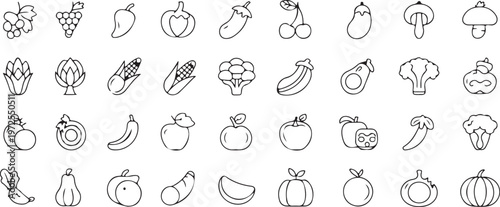Healthy organic food icons featuring various fresh vegetables fruits garden produce and nutritional ingredients for vegetarian.