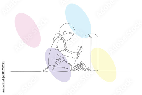 Touching illustration of a child kneeling by a grave with flowers, rendered in a continuous line drawing style with soft pastel accents.