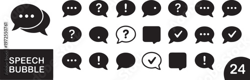 Collection of black speech bubbles with question marks dots exclamation points check marks and text isolated on transparent background vector graphic.