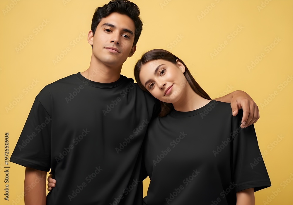 Fototapeta premium Black oversized t-shirt mockup couple model studio yellow background