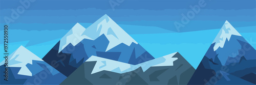Mountain range panorama with snowy peaks and blue landscape background for nature travel banner and outdoor adventure illustration.