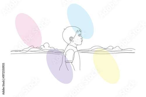 Continuous Line Drawing of a Child Gazing at the Horizon with Pastel Background Elements, Representing Hope and Innocence