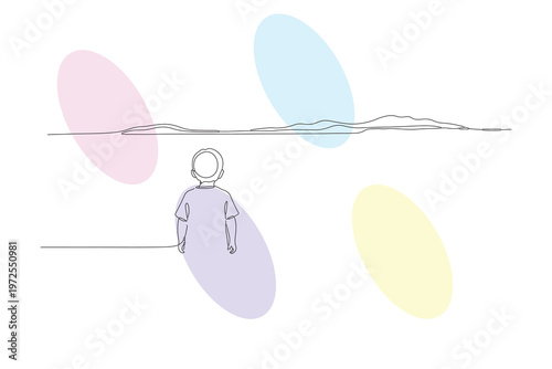 Continuous Line Drawing of a Child Gazing at the Horizon with Pastel Shapes, Representing Hope and a Bright Future
