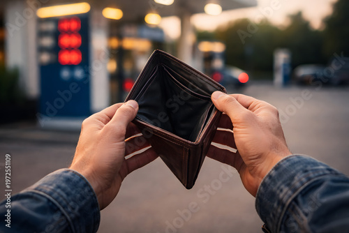 Close up of male hand holding his empty wallet due prices going up for war
