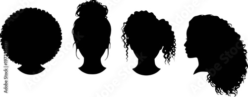 Black Silhouette Heads Diverse Hairstyles Afro Curly Updo Ponytail Side Profile woman