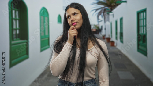 Free Download Woman touching chin in narrow alley street flanked by white buildings with green shutters and palm tree; curiosity. - GFXLoad