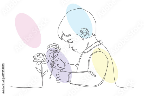 Continuous line drawing of a child gently holding a rose, showcasing love and innocence in a minimalist, hand-drawn style, perfect for children's illustrations.