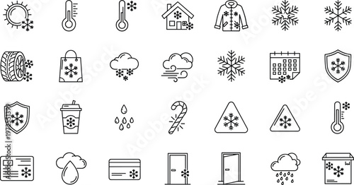 Collection of winter weather icons representing cold, snow, and seasonal elements.
