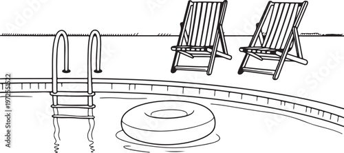 Swimming pool scene with lounge chairs and inflatable ring, summer vacation theme, black and white sketch style.