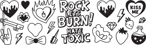 Rock and roll hand drawn doodle set with grunge elements, heart shapes, lightning bolts, and toxic aesthetic symbols.
