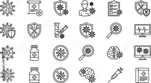 Set of medical icons related to virus protection testing and healthcare including corona virus shield and computer monitor.