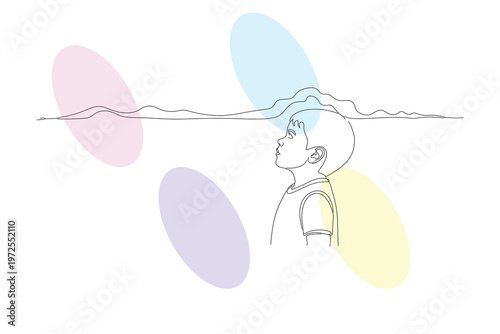 Continuous line drawing of a child looking up at the sky with abstract pastel shapes, representing innocence, dreams, and a hopeful outlook on life.