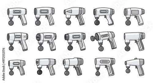 Collection of various massage guns and percussive therapy devices in different designs and angles, isolated on a white background.