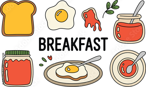 A breakfast scene with eggs and toast and jam