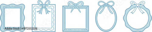 Light blue vector frames set with bows and decorative edges in various shapes on transparent background.