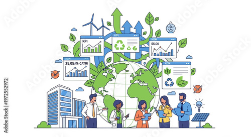 A flat vector illustration shows a diverse group of people discussing corporate sustainability strategies around a globe with wind turbines, solar panels, and recycling symbols, embodying
