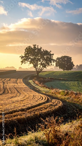 Serene Sunrise Over Rolling Fields with Trees and Gentle Hills
