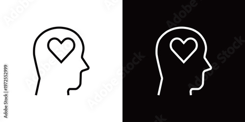 頭の中にハートマークがあるラインアイコン。白い線と黒い線のベクターイラスト