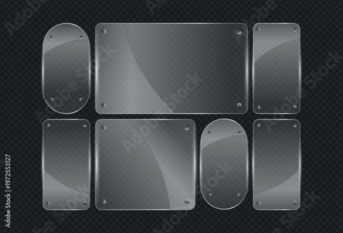 Set of eight clear glass plates with metal rivets on transparent background.