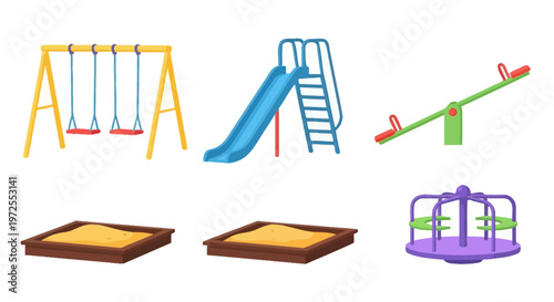 Colorful Cartoon Playground Equipment Icons Including Swings Slide and Sandbox.