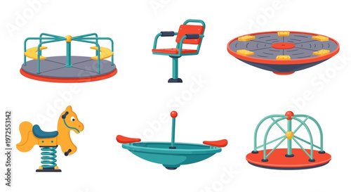 Colorful vector illustrations of various playground equipment including swings carousel and slide.