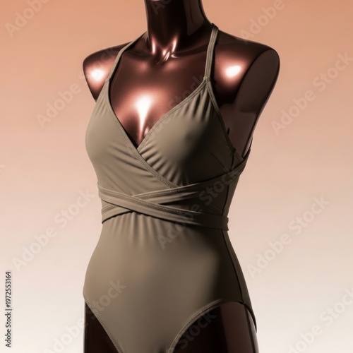Elegant Taupe One-Piece Swimsuit on Mannequin, Halter Neck Wrap Style