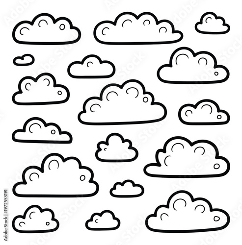 Collection of cartoon-style clouds, black and white outline