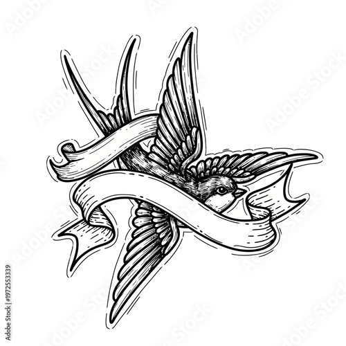 Hand drawn flying swallow bird with ribbon banner.